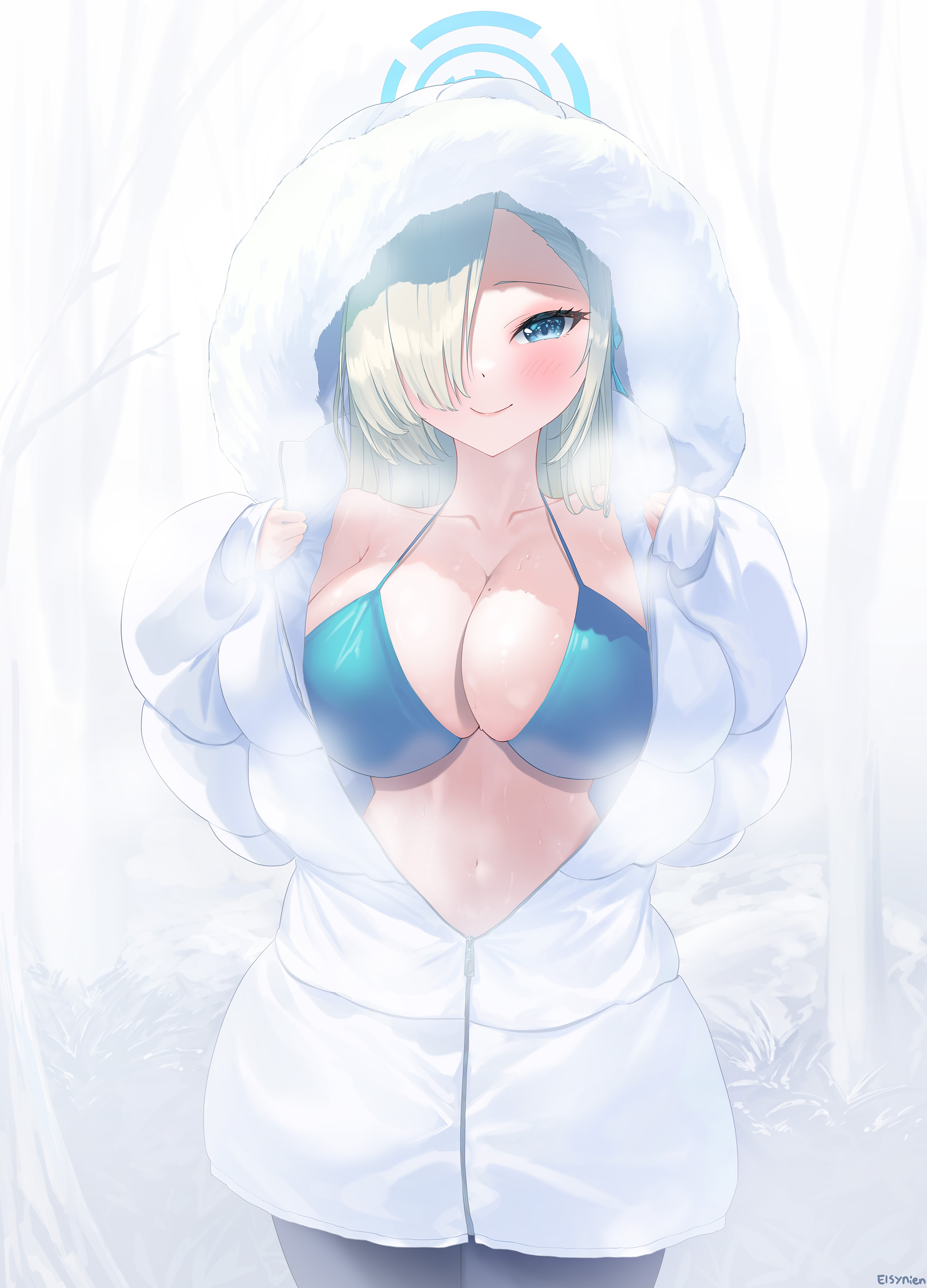 1girl absurdres artist_name asuna_(blue_archive) bikini black_pants blonde_hair blue_archive blue_bikini blue_eyes breasts closed_mouth collarbone elsynien eyelashes fur-trimmed_hoodie fur_trim hair_over_one_eye halo highres hood hoodie large_breasts long_hair mole mole_on_breast navel pants partially_unzipped smile solo sweat swimsuit white_hoodie