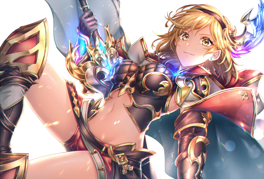 1girl armor armored_boots black_gloves blonde_hair boots breasts cape conqueror_of_the_eternals crop_top djeeta_(granblue_fantasy) djeeta_(granblue_fantasy)_(conqueror_of_the_eternals) earrings female_focus gauntlets gloves gold_trim granblue_fantasy groin hair_ornament hairband holding holding_sword holding_weapon jewelry kamuinii knee_up large_breasts looking_at_viewer midriff navel red_shorts short_hair short_shorts shorts sidelocks sleeveless smile solo stomach sword thighs weapon white_background yellow_eyes