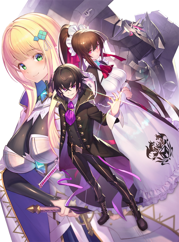 1boy 2girls amagi_(oreaku) black_coat black_hair black_vest blonde_hair blush brown_hair christiana_leta_roseblaire coat cowboy_shot earrings full_body glowing glowing_eyes green_eyes high_ponytail holding holding_sword holding_weapon jewelry liam_sera_banfield long_hair maid mecha multiple_girls official_art ore_wa_seikan_kokka_no_akutoku_ryoushu! ponytail purple_eyes red_eyes release_celebration release_date robot second-party_source short_hair sword takamine_nadare vest weapon