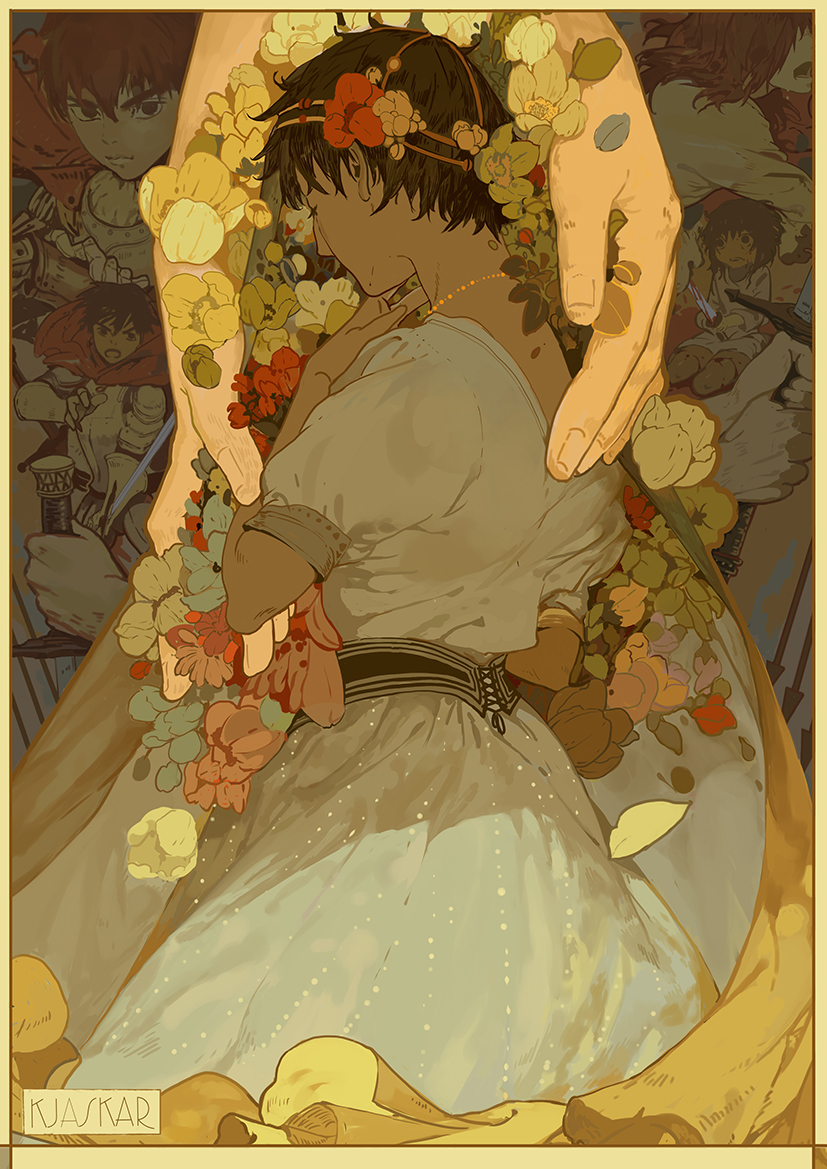 1990s_(style) 1girl armor belt berserk black_hair blood bloody_weapon cape casca_(berserk) character_name dagger dark_skin dress expressionless flower hair_flower hair_ornament holding holding_sword holding_weapon hunsay jewelry knife long_hair multiple_views necklace protecting retro_artstyle short_hair sword tunic weapon white_dress