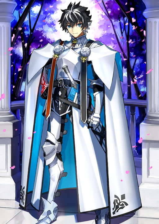 1boy arm_at_side armor armored_boots armored_gloves asymmetrical_armor belt belt_buckle black_belt black_hair black_pants black_shirt blue_eyes boots bracer breastplate buckle cape charlemagne_(fate) charlemagne_(second_ascension)_(fate) clenched_hand closed_mouth fate/grand_order fate_(series) feet_out_of_frame game_cg gauntlets gorget hair_between_eyes hand_on_own_hip high_collar joyeuse_ordre_(fate) leg_armor legs_apart looking_at_viewer male_focus multicolored_hair official_art pants pauldrons petals puffy_sleeves purple_background sheath sheathed shirt short_hair shoulder_armor smile solo spiked_hair standing streaked_hair third-party_source turtleneck two-sided_cape two-sided_fabric two-tone_hair variant_set wada_arco waist_cape white_armor white_boots white_cape white_hair