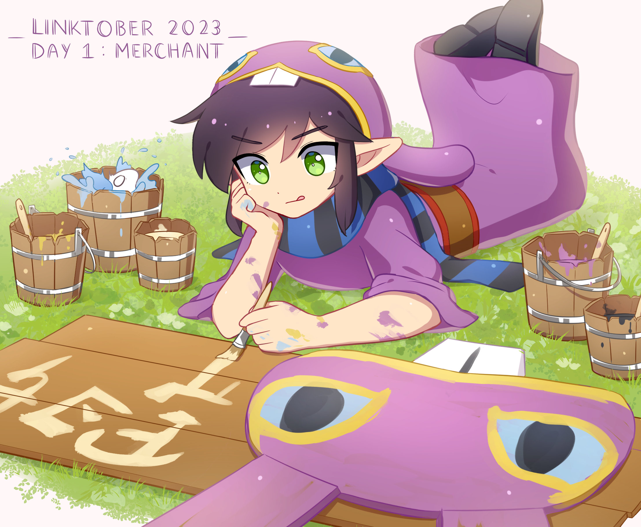 1boy :q animal_hood black_hair black_scarf black_shoes blue_scarf brown_sash bucket closed_mouth commentary dated english_commentary enni feet_up grass green_eyes hair_between_eyes hand_up head_rest highres holding holding_paintbrush hood hood_up hooded_robe lying male_focus nintendo on_grass on_stomach paint paint_on_body paint_splatter paintbrush pointy_ears purple_robe ravio robe sash scarf sheerow shoes short_hair sign simple_background solo striped_clothes striped_scarf the_legend_of_zelda the_legend_of_zelda:_a_link_between_worlds tongue tongue_out white_background wooden_bucket
