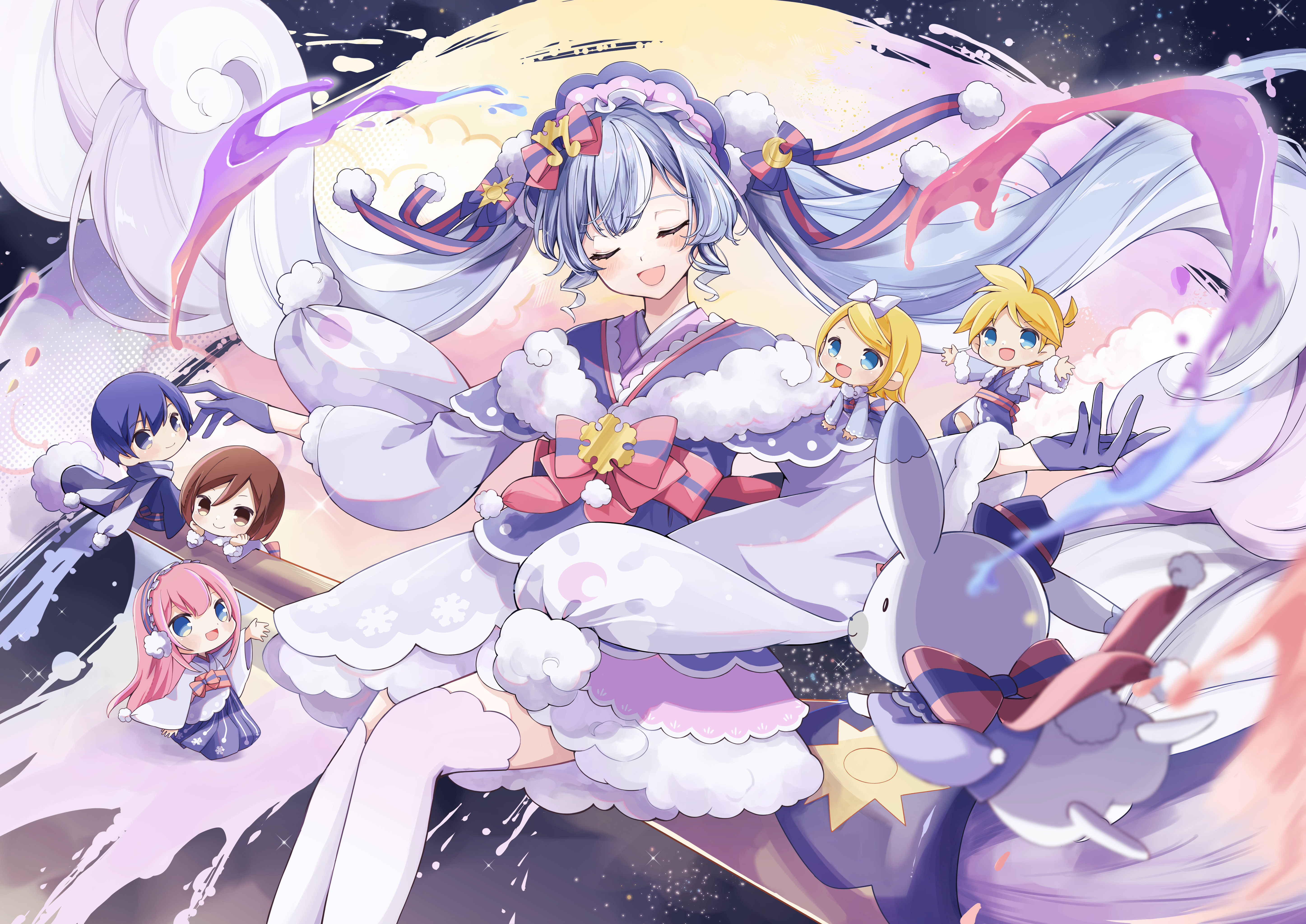 absurdres blonde_hair blue_eyes blue_gloves blue_hair bonnet bow bowtie brown_hair calligraphy_brush closed_eyes gloves hair_ribbon hatsune_miku highres japanese_clothes kaito_(vocaloid) long_hair megurine_luka meiko_(vocaloid) nagitofuu obi open_mouth paintbrush pink_hair rabbit ribbon sash sitting sitting_on_object smile star_(sky) thighhighs twintails vocaloid white_thighhighs winter_clothes yuki_miku yuki_miku_(2023)