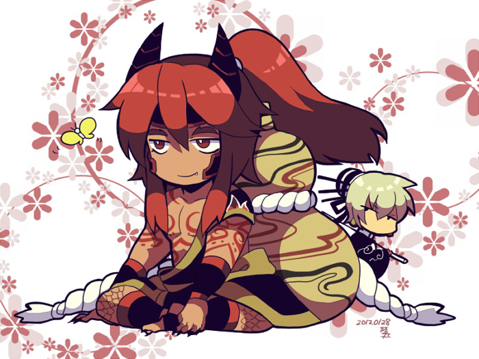 2boys arm_tattoo black_horns bug butterfly chest_tattoo chibi chibi_only fang fingernails gourd hair_between_eyes horns insect jitome kotorai multiple_boys musou_orochi no_nose pectorals red_eyes red_hair scales sharp_fingernails shuten_douji_(musou_orochi) sitting smile taigong_wang_(musou_orochi) tattoo white_hair