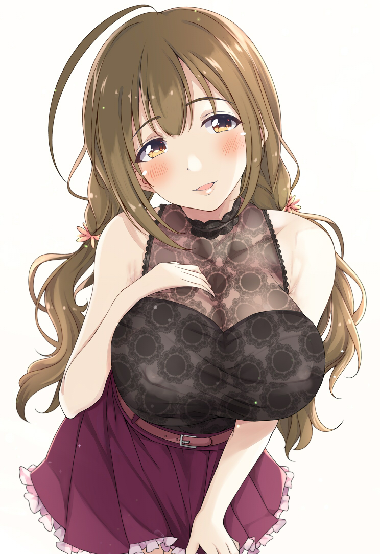 1girl blush breasts brown_eyes brown_hair cleavage hand_on_own_chest hitotsuki_nanoka idolmaster idolmaster_shiny_colors kuwayama_chiyuki large_breasts long_hair looking_at_viewer open_mouth see-through_clothes see-through_cleavage skirt smile solo twintails
