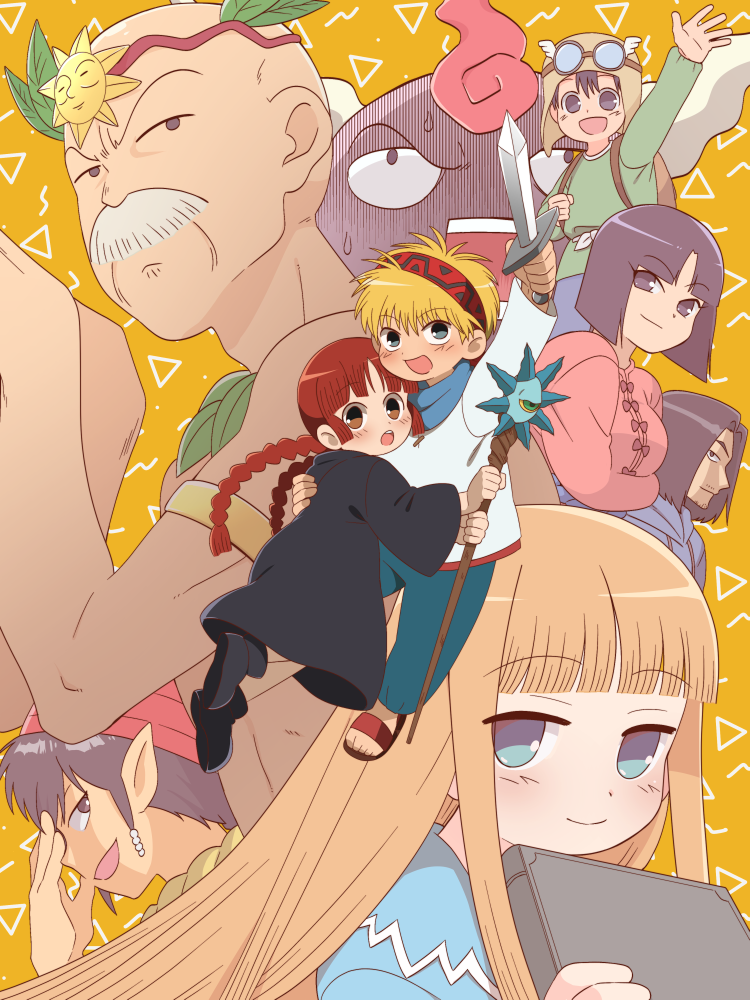 &gt;:o 3girls 5boys :d :o armlet backpack bad_id bad_pixiv_id bag beads black_eyes black_hair black_robe black_robes blonde_hair blue_eyes book braid brown_eyes brown_hair brown_hat facial_hair gipple goggles goggles_on_headwear hair_beads hair_ornament hairband hand_up hat holding holding_book holding_sword holding_weapon hood hood_down jewelry juju_coo_shnamur kukuri_(mahoujin_guruguru) looking_at_viewer mahoujin_guruguru multiple_boys multiple_girls mustache nike_(mahoujin_guruguru) old old_man open_mouth pointy_ears raid_(mahoujin_guruguru) red_hat robe runrun_vermeer sandals sly_(mahoujin_guruguru) smile sword tasuku toma_parott twin_braids udberg_eldol v-shaped_eyebrows weapon