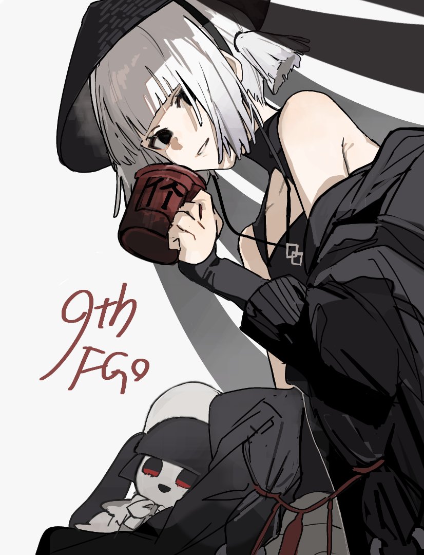 1girl black_eyes character_doll cup fate/grand_order fate_(series) grey_hair hat holding holding_cup jingasa komahime_(exhibition_attire)_(fate) komahime_(fate) noyane sen_no_rikyu_(exhibition_attire)_(fate) sen_no_rikyu_(fate) short_twintails smile twintails