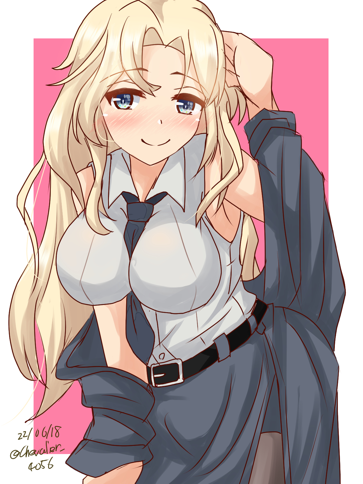 1girl belt blonde_hair blue_eyes blush breasts dated highres hornet_(kancolle) jacket kantai_collection large_breasts leaning_forward long_hair long_skirt necktie pantyhose sawatani_(chevalier_04056) shirt signature simple_background skirt smile wavy_hair white_shirt