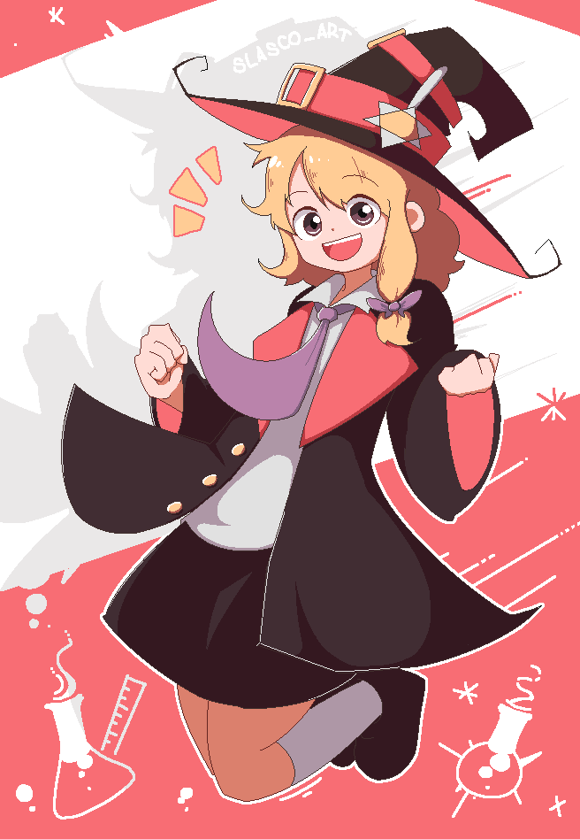 1girl alternate_costume black_cloak black_shoes black_skirt blonde_hair bow braid buttons chemistry_set cloak female_focus full_body hat hat_belt hat_ornament hexagram jumping kirisame_marisa kneehighs long_sleeves miniskirt motion_lines oekaki open_mouth pixel_art purple_bow purple_neckwear ruler shirt shoes side_braid simple_background single_braid skirt slascoplerd smile socks solo star_(symbol) star_hat_ornament star_of_david tagme touhou twitter_username white_shirt wide_sleeves wizard wizard_hat
