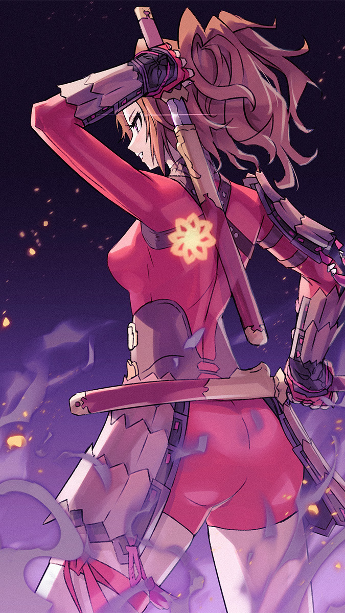 1girl armor ass bodysuit breasts brown_hair commentary_request embers from_behind glint gradient_background highres holding holding_sword holding_weapon japanese_armor kusazuri medium_breasts natsu_(soulcalibur) purple_background red_bodysuit sheath sheathed smile smoke solo soul_calibur soulcalibur soulcalibur_v sword teeth v-shaped_eyebrows weapon yagi2013