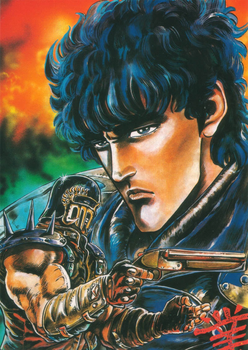2boys black_gloves black_hair blue_hair double-barreled_shotgun fingerless_gloves gloves gun hara_tetsuo helmet hokuto_no_ken holding holding_weapon jacket jagi kenshiro male_focus multiple_boys muscular muscular_male official_art scan short_hair shotgun shoulder_pads shoulder_spikes spiked_pauldrons spikes weapon