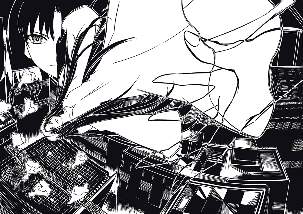 6+girls building floating fujou_kirie ghost kara_no_kyoukai monochrome multiple_girls ryougi_shiki todee
