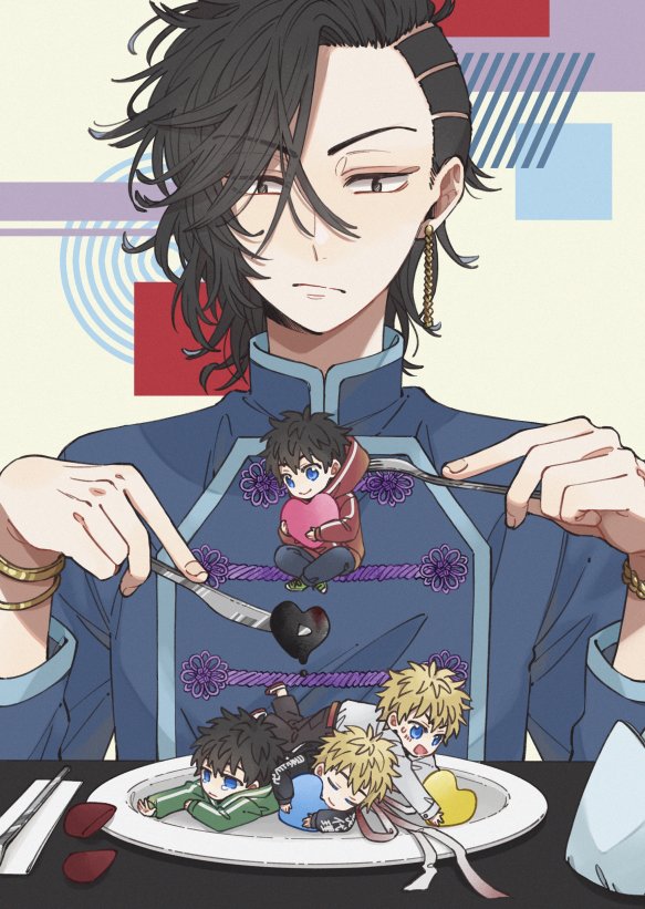 5boys asymmetrical_hair black_eyes black_hair black_pants blonde_hair blue_eyes blue_shirt bracelet chibi chinese_clothes closed_eyes closed_mouth coppe earrings fork green_jacket hanagaki_takemichi holding holding_fork holding_knife jacket jewelry knife kokonoi_hajime long_sleeves male_focus multiple_boys pants plate red_jacket shirt short_hair single_earring tokyo_revengers upper_body white_jacket