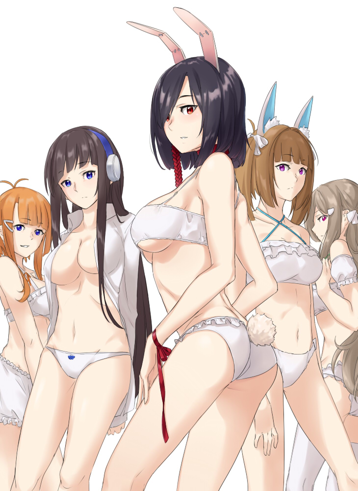 5girls animal_ears ass azur_lane black_hair bloomers blue_eyes blunt_bangs bra breasts brown_hair collared_shirt criss-cross_halter dress_shirt fortune_(azur_lane) foxhound_(azur_lane) frilled_bra frilled_panties frills grey_hair hair_ornament hair_over_one_eye hairclip halterneck headphones kagerou_(azur_lane) large_breasts long_hair long_island_(azur_lane) looking_at_viewer medium_breasts multiple_girls navel no_bra open_clothes open_shirt orange_hair panties parted_lips purple_eyes rabbit_ears rabbit_tail red_eyes red_ribbon remodel_(azur_lane) ribbon saruno_(eyesonly712) shiranui_(azur_lane) shirt short_hair smile tail thighhighs two_side_up underboob underwear underwear_only very_long_hair white_bra white_legwear white_panties wrist_ribbon