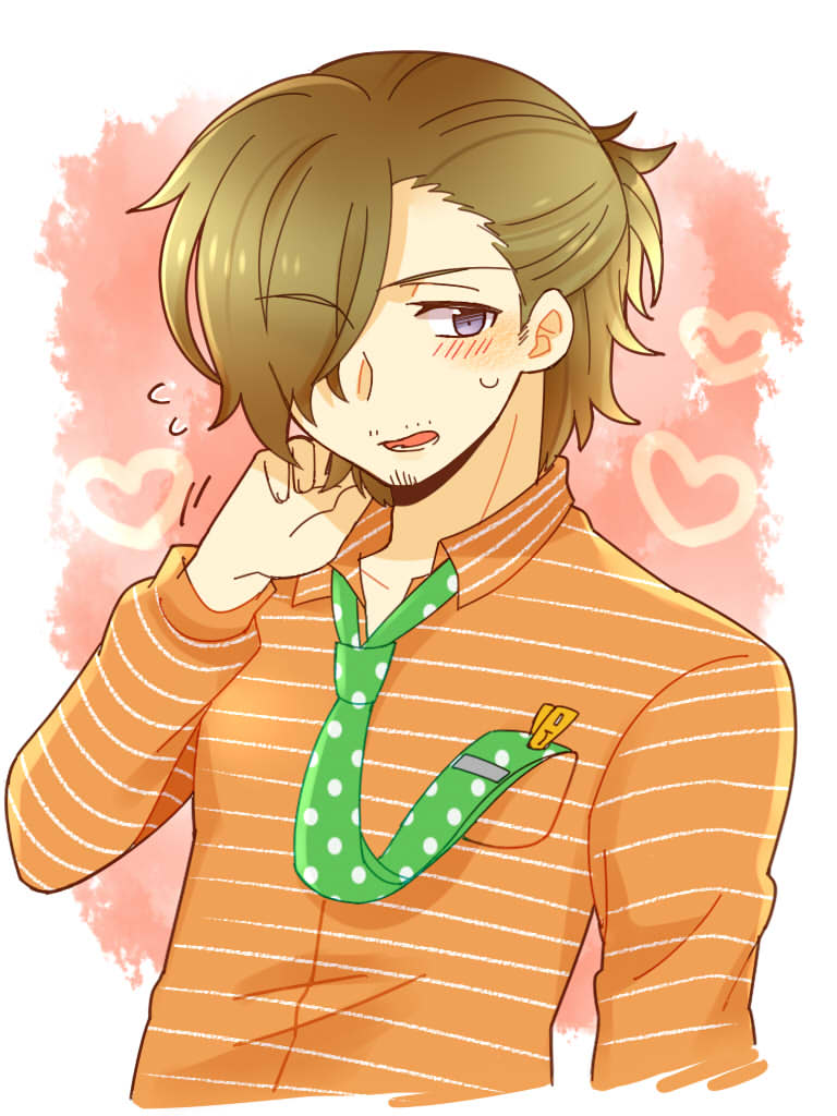 1boy blush breast_pocket brown_hair collared_shirt cropped_torso flying_sweatdrops green_necktie hair_over_one_eye half_updo heart idolmaster idolmaster_side-m kinococcos lower_teeth_only male_focus necktie open_mouth orange_shirt pocket polka_dot polka_dot_necktie purple_eyes scratching_cheek shirt short_hair solo striped_clothes striped_shirt sweatdrop teeth yamashita_jiro