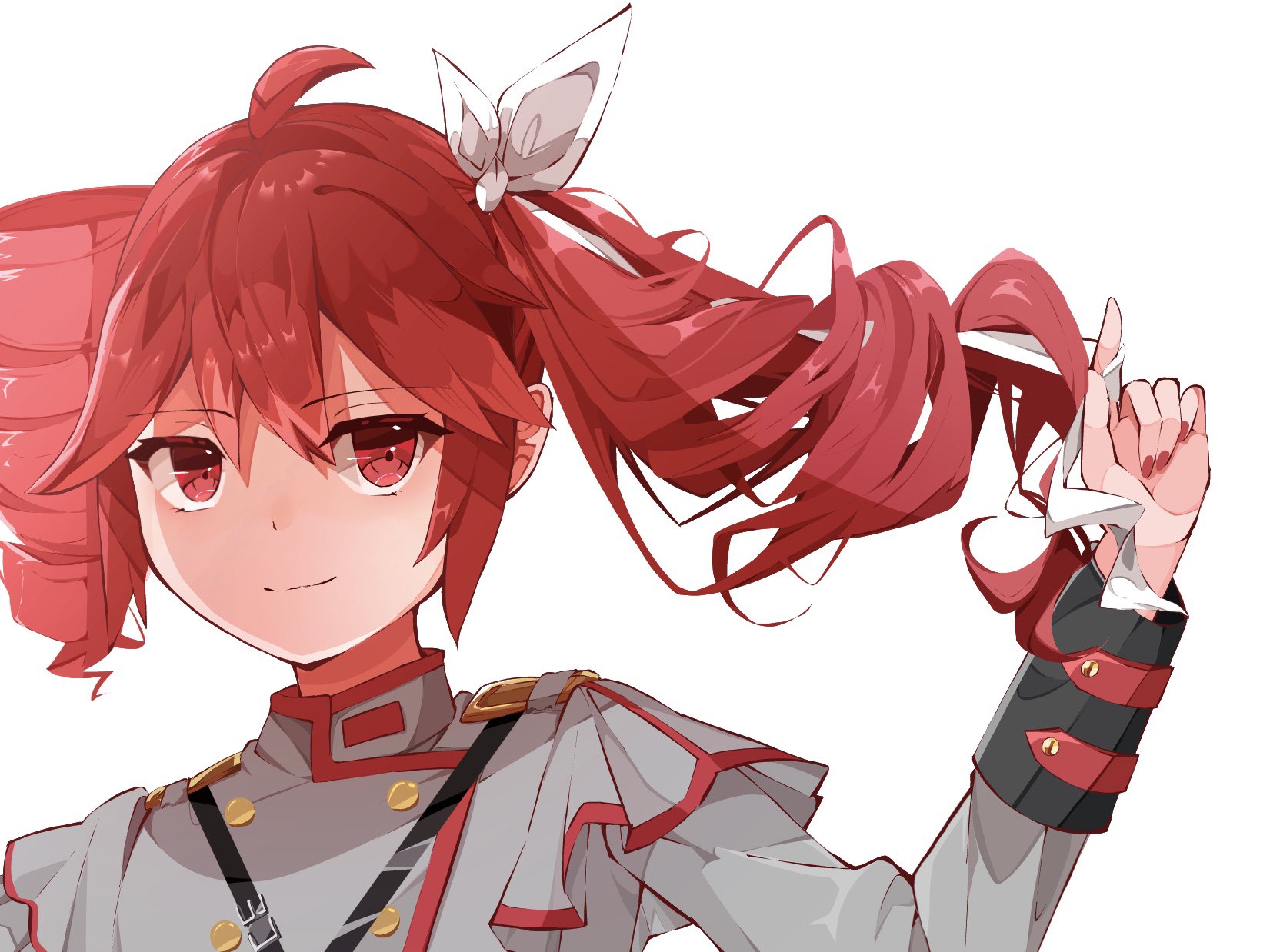 1girl belt black_belt black_sleeve_cuffs buttons closed_mouth double-breasted drill_hair floating_hair hand_up highres holding holding_ribbon kasane_teto kasane_teto_(sv) layered_sleeves long_sleeves red_eyes red_hair red_nails red_trim ribbon shoulder_belt shoulder_boards simple_background smile solo synthesizer_v tu_gumi twin_drills upper_body utau white_background