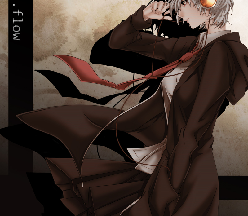.flow 1girl coat copyright_name dark female_focus hand_in_pocket headphones necktie olmatown sabitsuki shadow silver_hair skirt solo