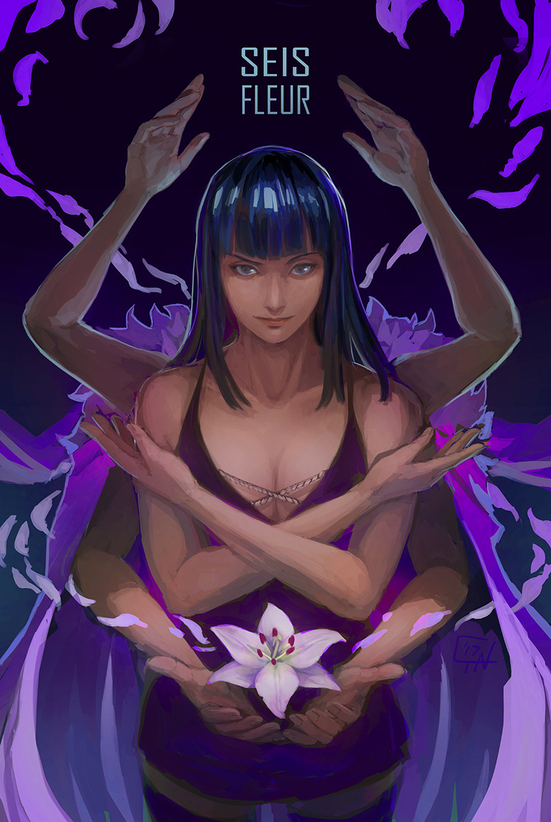 1girl adapted_costume black_hair blue_eyes blunt_bangs cassandra_(avocasso) closed_mouth commentary cowboy_shot cross-laced_clothes cross-laced_top devil_fruit_power dress extra_arms flower gradient_background hana_hana_no_mi highres light_smile looking_at_viewer medium_hair nico_robin nico_robin_(whisky_peak) one_piece petals purple_dress solo