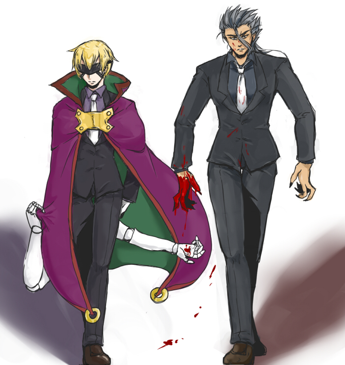 2boys artist_request black_hair blazblue blazblue:_bloodedge_experience blindfold blonde_hair blood cape claws formal_clothes gloves looking_at_viewer mask single_mechanical_arm multiple_boys necktie parted_lips pointy_ears relius_clover shoes short_hair spiked_hair suit valkenhayn_r_hellsing walking aged_down