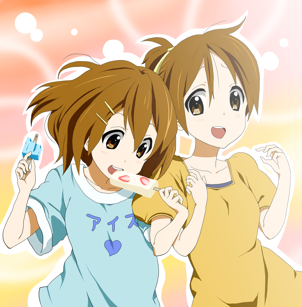 00s 2girls brown_eyes brown_hair casual eyebrows_hidden_by_hair food hair_between_eyes hirasawa_ui hirasawa_yui k-on! minimaru multiple_girls ponytail popsicle short_hair siblings sisters teeth upper_teeth_only