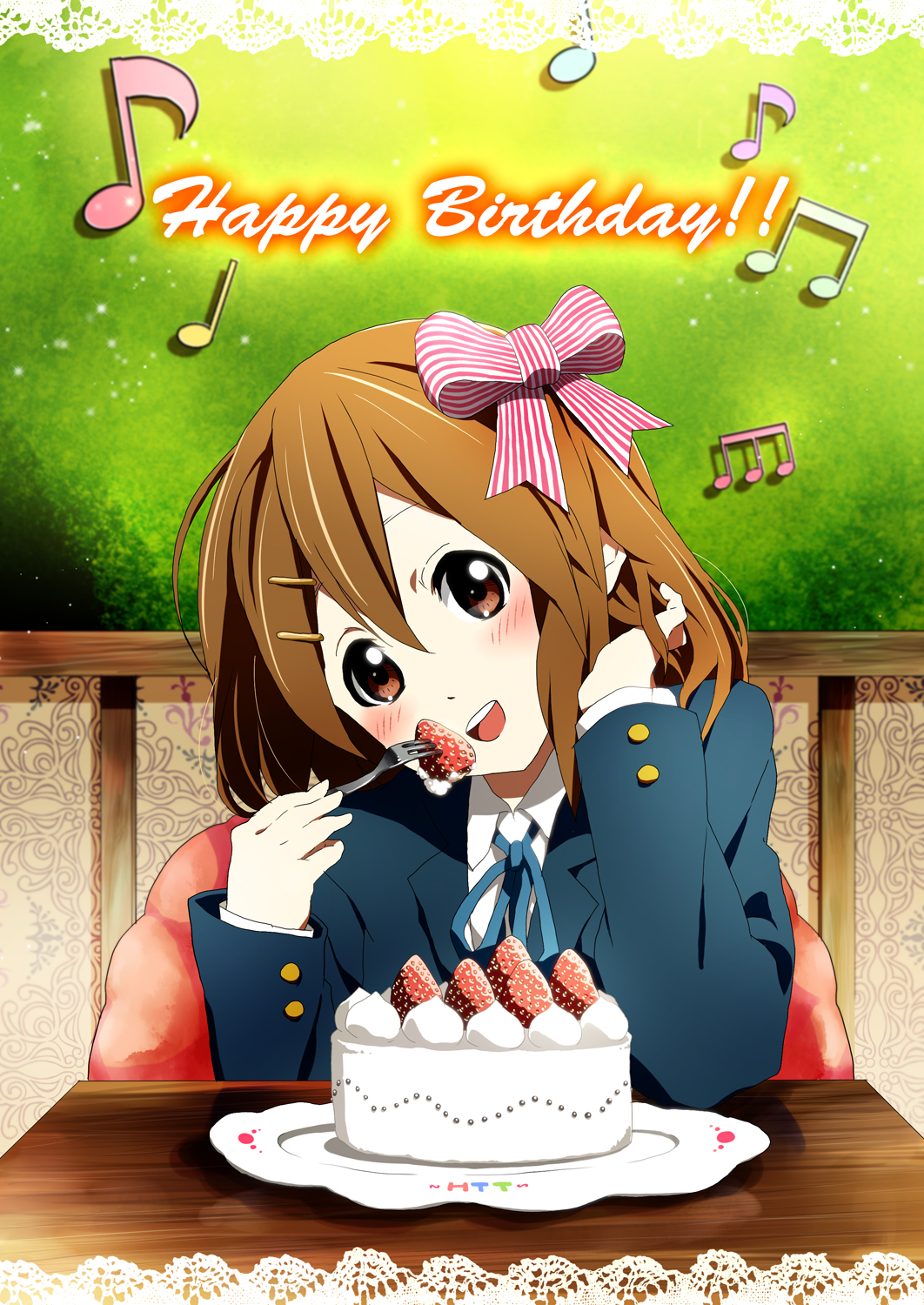 1girl brown_eyes brown_hair cake female_focus food fruit happy_birthday highres hirasawa_yui k-on! lace minimaru musical_note school_uniform short_hair solo strawberry