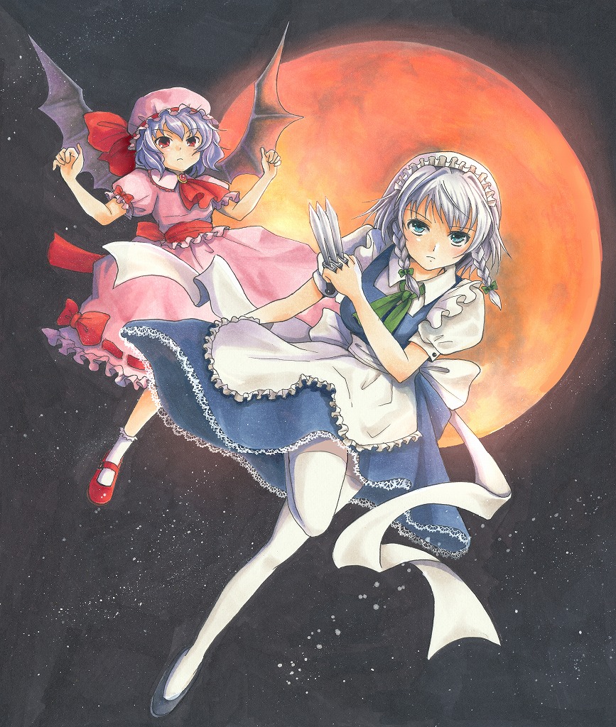 2girls bad_id bad_pixiv_id bat_wings blue_eyes braid female_focus flying full_moon gintarou_(puipuiginta) izayoi_sakuya knife maid maid_headdress marker_(medium) moon multiple_girls red_eyes red_moon remilia_scarlet short_hair silver_hair thighhighs throwing_knife touhou traditional_media twin_braids weapon white_thighhighs wings
