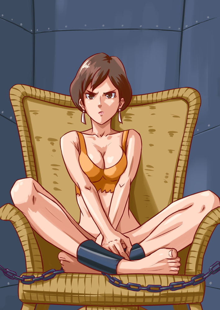 breasts brown_eyes brown_hair chain chair cleavage earrings jewelry lupin_iii mine_fujiko rags scowl short_hair tms_entertainment