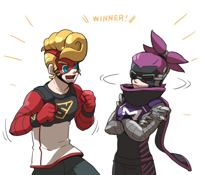 2boys arms_(game) blonde_hair blue_eyes chain colk_(colk_com) crossed_arms domino_mask gloves mask multiple_boys ninjara_(arms) nintendo open_mouth ponytail purple_hair smile spring_man_(arms) white_background