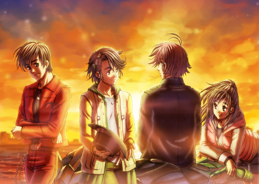 1girl 3boys back bad_id bad_pixiv_id drive_ume hat hidari_shoutarou kamen_rider kamen_rider_w motor_vehicle motorcycle multiple_boys narumi_akiko outdoors philip philip_(kamen_rider) sky sunset terui_ryu terui_ryuu vehicle