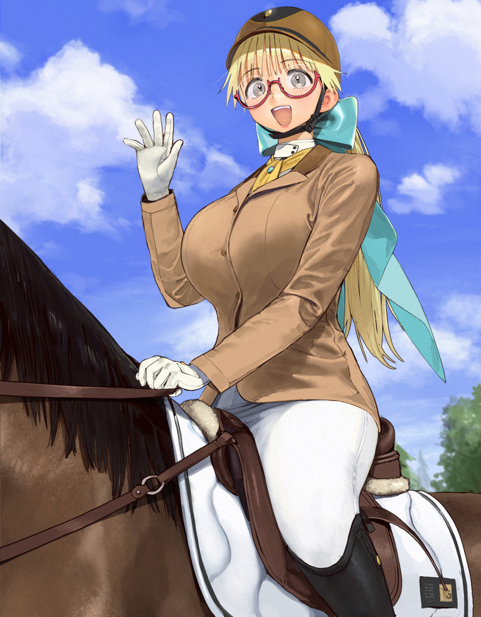 1girl aqua_bow black_footwear blonde_hair blue_sky bow breasts brown_horse brown_jacket cloud commentary conto day english_commentary glasses gloves grey_eyes hair_bow highres holding holding_reins horse horseback_riding jacket large_breasts long_hair necktie open_mouth original outdoors pajamas red-framed_eyewear reins riding saddle semi-rimless_eyewear sky solo tree waving white_gloves white_pajamas yellow_necktie