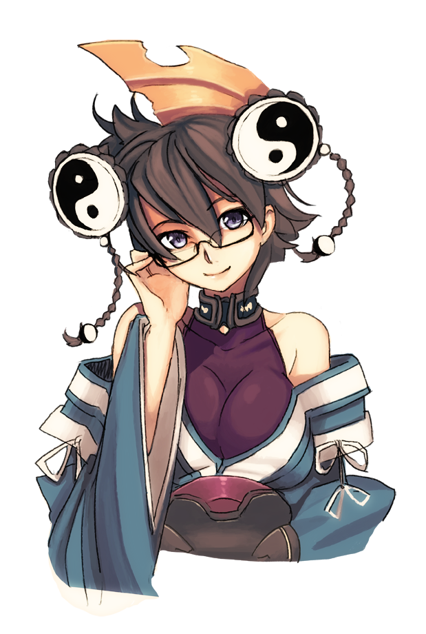 1girl adjusting_eyewear alternate_eye_color ar_tonelico ar_tonelico_i bare_shoulders bespectacled black_hair braid breasts collarbone detached_sleeves female_focus glasses hair_bobbles hair_ornament halterneck hand_on_own_cheek hand_on_own_face head_tilt kiririn51 large_breasts looking_at_viewer misha_arsellec_lune purple_eyes semi-rimless_eyewear short_hair simple_background smile solo twin_braids upper_body white_background yin_yang