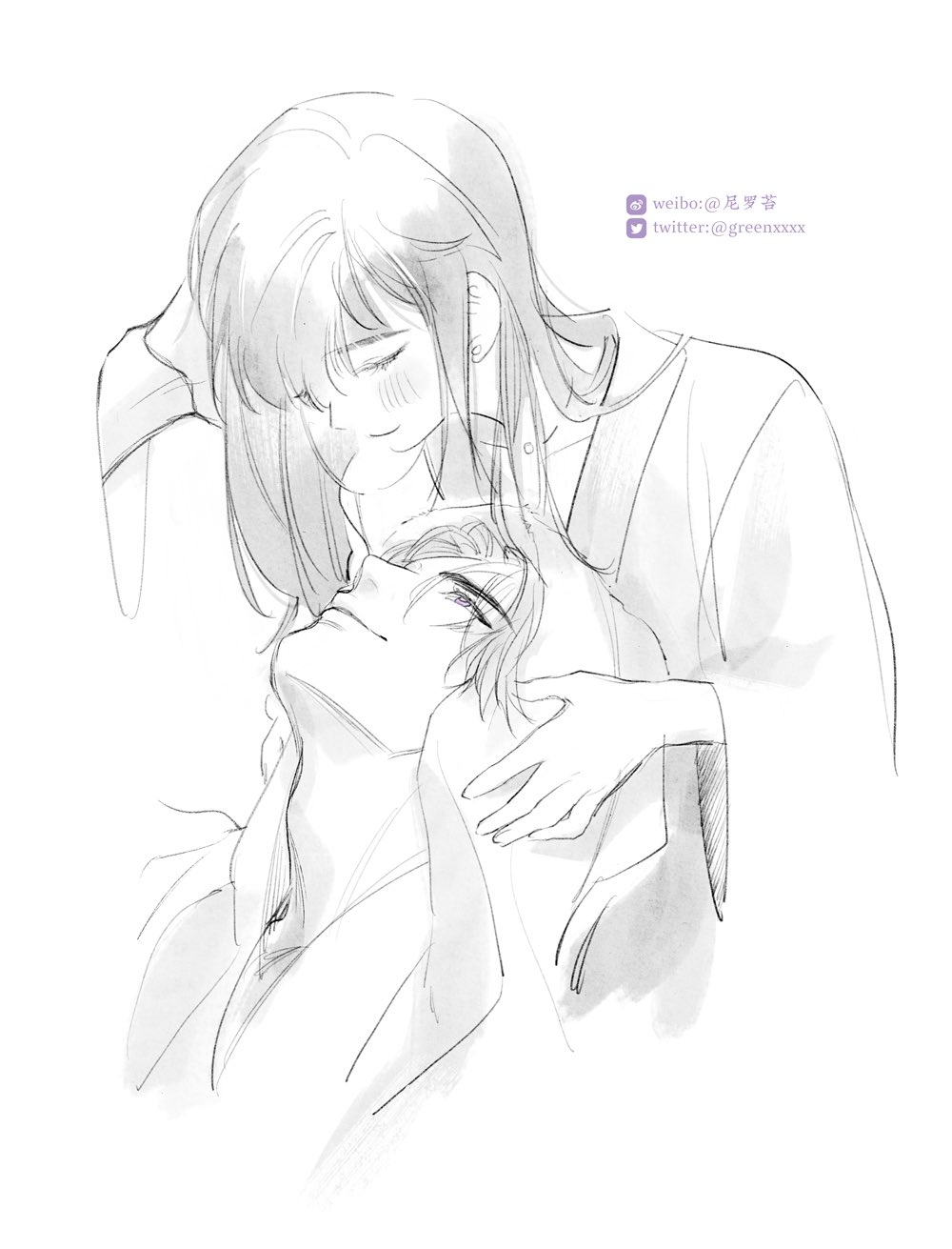 1boy 1girl adam&#039;s_apple after_bathing blush charlie_su closed_eyes closed_mouth collarbone couple earrings greenchou hetero highres jewelry light_and_night_love light_smile lips long_hair long_sleeves looking_at_another looking_up monochrome parted_lips protagonist_(light_and_night_love) short_hair smile twitter_logo twitter_username upper_body watermark weibo_watermark wide_sleeves