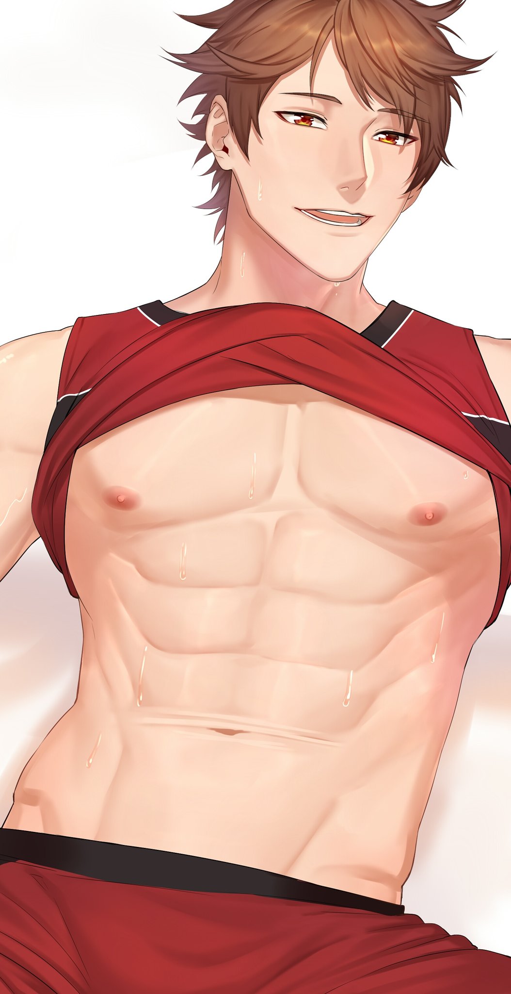 1boy abs brown_hair haikyuu!! highres male_focus muscular muscular_male navel nipples oikawa_tooru_(haikyuu!!) red_shirt red_shorts shirt short_hair shorts solo sportswear stomach volleyball_uniform white_background zhineart