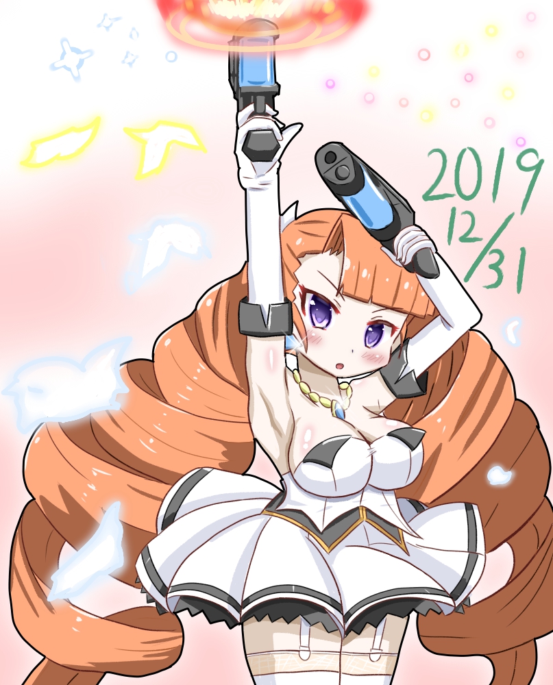 1girl aq_interactive arcana_heart arcana_heart_2 arcana_heart_3 armpits artist_request bare_shoulders blush breasts cleavage dated dress drill_hair earrings energy_canister examu flower frills gun handgun jewelry large_breasts long_hair looking_at_viewer open_mouth pendant petra_johanna_lagerkvist pistol purple_eyes rose very_long_hair weapon white_dress white_flower white_rose