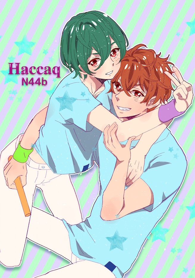 2boys brothers brown_hair green_hair haccaq high_speed! kirishima_ikuya kirishima_natsuya looking_at_viewer male_focus multiple_boys pants red_eyes shirt short_hair siblings sitting smile star_(symbol) striped_background t-shirt text_focus v white_pants wristband