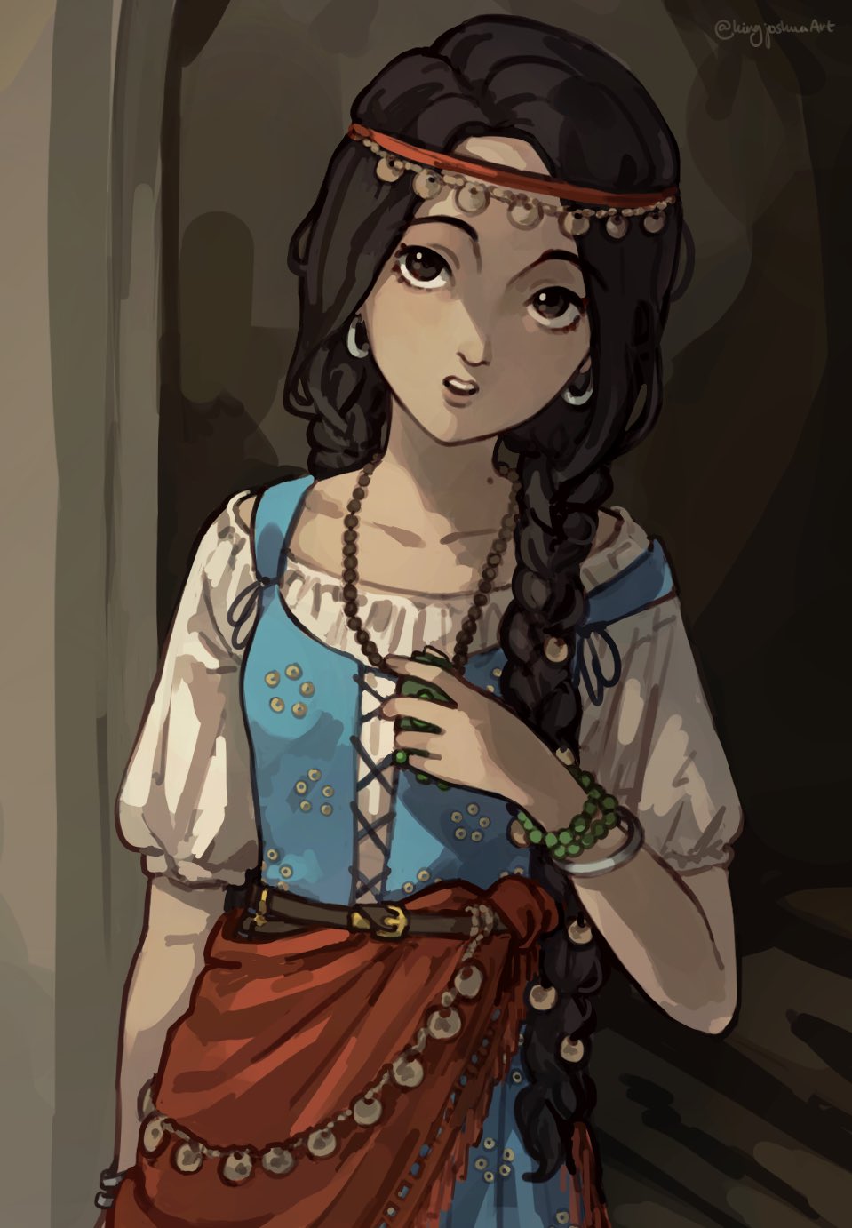 1girl arm_at_side belt black_hair blue_dress bracelet braid brown_belt collarbone commentary dress earrings hand_on_own_chest head_chain highres holding holding_jewelry holding_necklace jewelry kingjoshua la_esmeralda long_hair looking_up multiple_bracelets necklace red_sash sash shirt short_sleeves solo standing teeth the_hunchback_of_notre_dame twin_braids twitter_username upper_body upper_teeth_only white_shirt