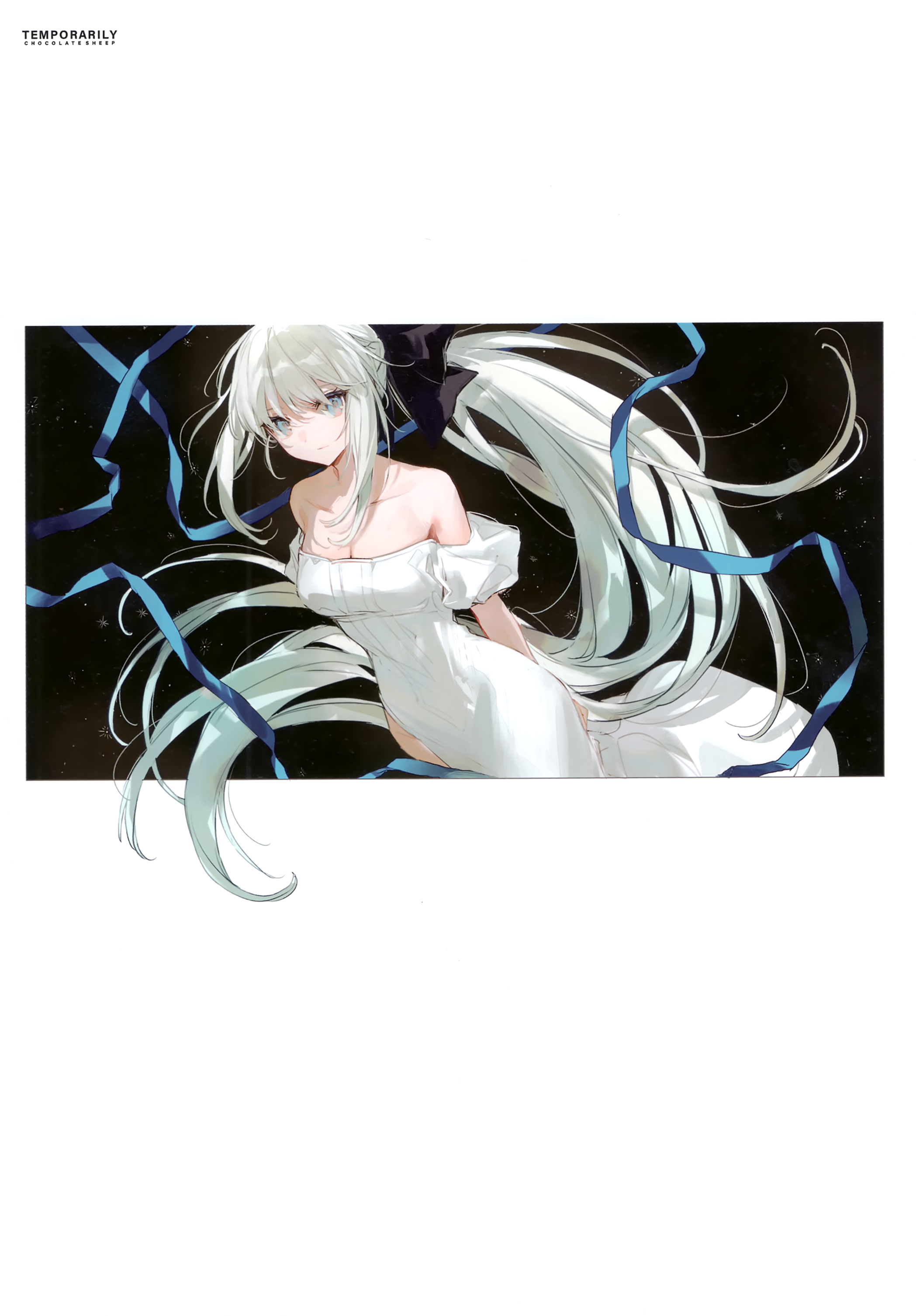 1girl absurdres arms_behind_back bare_shoulders black_background blue_eyes breasts chocoan comiket_99 dress expressionless fate/grand_order fate_(series) hair_ribbon highres long_hair looking_at_viewer morgan_le_fay_(fate) ponytail ribbon scan sidelocks solo white_background white_dress white_hair