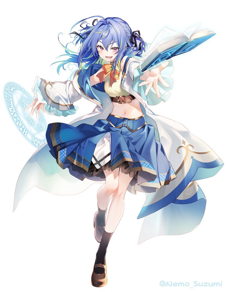 1girl :d ahoge belt blue_hair book bow bowtie coat full_body green_hair hair_intakes hair_ribbon layered_skirt long_hair magic_circle mary_janes midriff multicolored_hair nanashi_inc. navel official_art open_clothes open_coat open_mouth outstretched_arm outstretched_hand pink_eyes ribbon riichu shirt shoes simple_background skirt sleeveless sleeveless_shirt smile solo standing standing_on_one_leg streaked_hair suzumi_nemo tachi-e twitter_username virtual_youtuber white_background