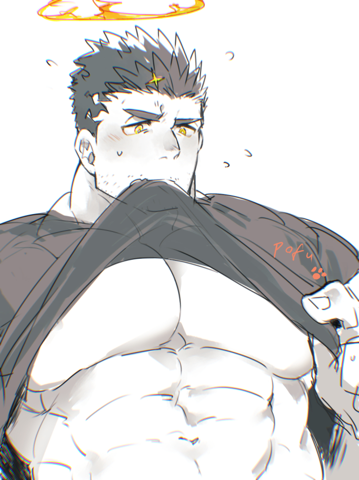 1boy abs bara black_hair black_shirt clothes_in_mouth clothes_lift facial_hair fire flaming_halo flying_sweatdrops halo hand_up large_pectorals lifting_own_clothes male_focus mature_male mouth_hold muscular muscular_male navel pectoral_focus pectorals po_fu revision shirt shirt_in_mouth shirt_lift short_hair shy solo spot_color stubble tokyo_houkago_summoners underpec upper_body zabaniyya_(housamo)