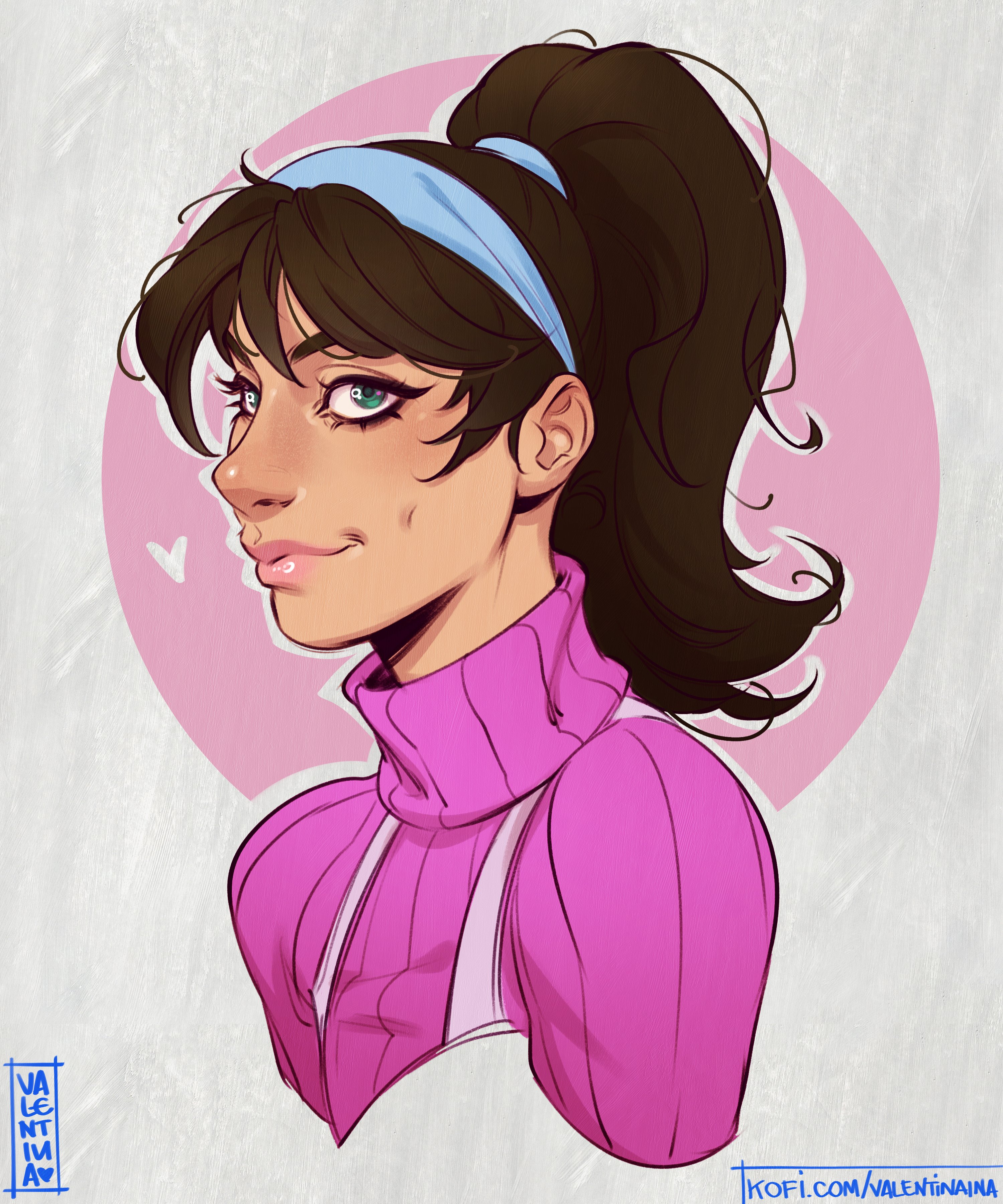 1girl absurdres artist_name black_hair green_eyes highres ko-fi_username long_hair looking_at_viewer original pink_sweater ponytail portrait solo sweater turtleneck turtleneck_sweater valentina_tavolilla watermark web_address