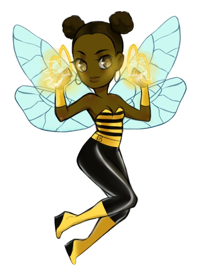 1girl bee_costume black_hair boots brown_eyes bumble_bee chibi dark-skinned_female dark_skin dc_comics double_bun dual_wielding electricity female_focus gloves hair_bun holding insect_wings karen_beecher shirt shoes solo striped_clothes striped_shirt transparent_background weapon wedge_heels wings yellow_footwear