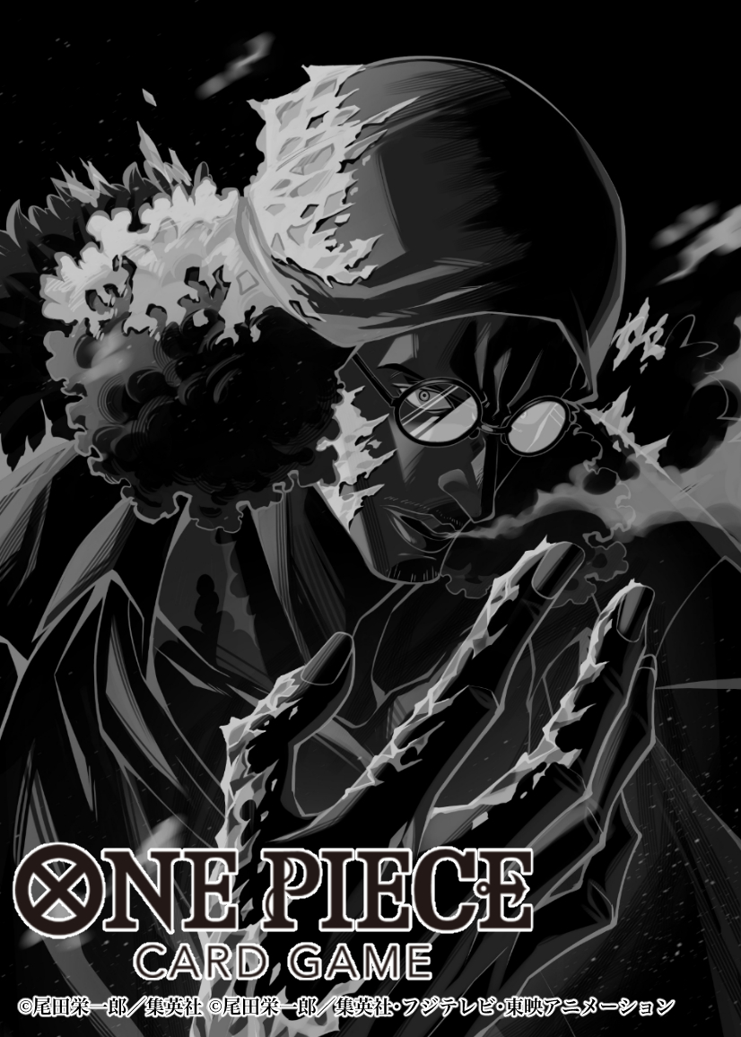 1boy aokiji_(one_piece) bashikou beard_stubble commentary_request copyright_name curly_hair facial_hair glasses greyscale hat ice looking_at_viewer male_focus monochrome official_art one_piece one_piece_card_game simple_background smoke solo stubble upper_body