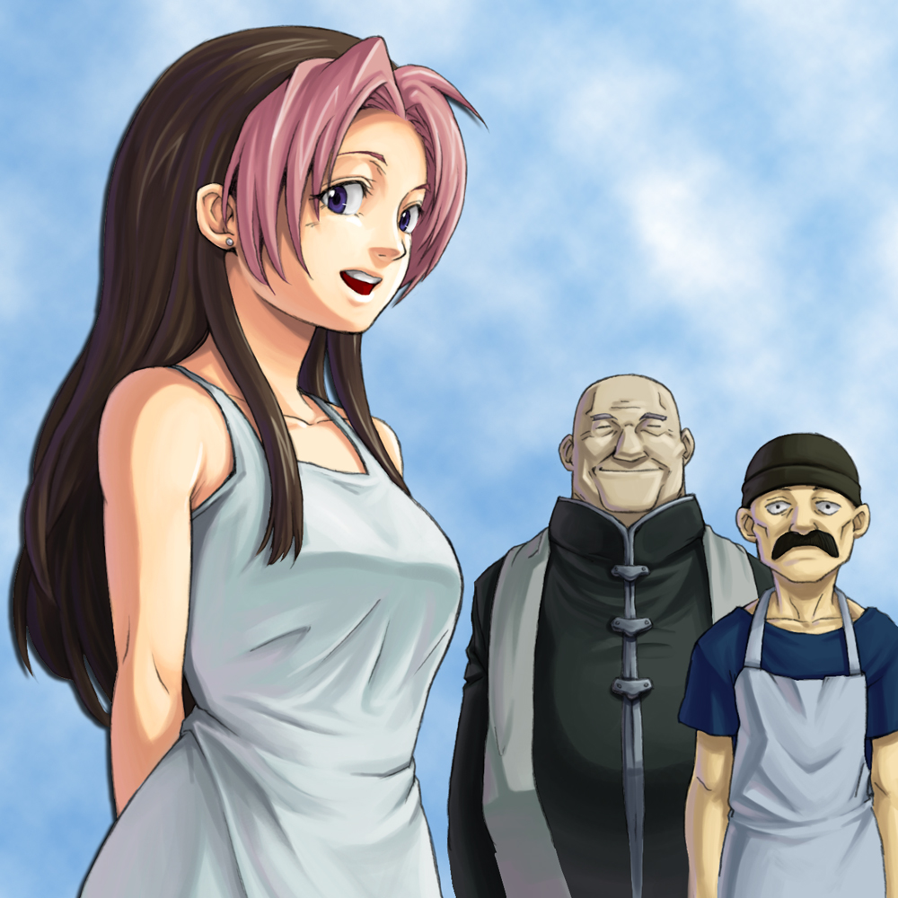 1girl 2boys apron bald creape colored_bangs earrings extra facial_hair father_cornello fullmetal_alchemist hat jewelry liore_shopkeeper multicolored_hair multiple_boys mustache purple_eyes rose_thomas rose_tomas two-tone_hair