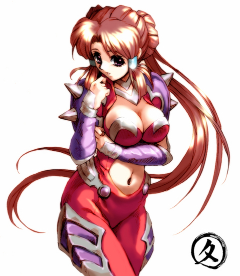 1girl armor banpresto bodysuit breasts brown_hair center_opening cleavage cleavage_cutout clothing_cutout cosplay crossed_legs double_bun donut_hair_bun female_focus finger_to_mouth floating_hair hair_bun hair_tubes hisahiko large_breasts leaning_forward long_hair looking_at_viewer midriff minaki_tomine navel parted_bangs parted_lips pauldrons ponytail purple_eyes selena_recital selena_recital_(cosplay) short_hair shoulder_armor sideboob sidelocks simple_background solo spikes standing super_robot_wars super_robot_wars_alpha the_3rd_super_robot_wars_alpha vambraces very_long_hair white_background