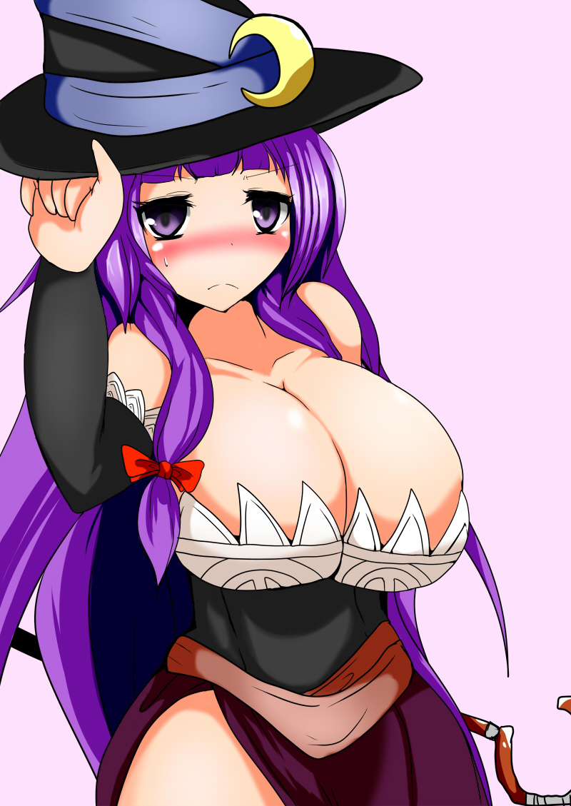 1girl annoyed bad_anatomy bad_hands bare_shoulders blush breasts cleavage cosplay detached_sleeves dragon&#039;s_crown dress female_focus frown hat hat_tip huge_breasts long_hair looking_at_viewer patchouli_knowledge pink_background purple_eyes purple_hair sash solo sorceress_(dragon&#039;s_crown) sorceress_(dragon&#039;s_crown)_(cosplay) staff strapless strapless_dress sweatdrop taku_(yakumodaisuki) touhou very_long_hair witch_hat