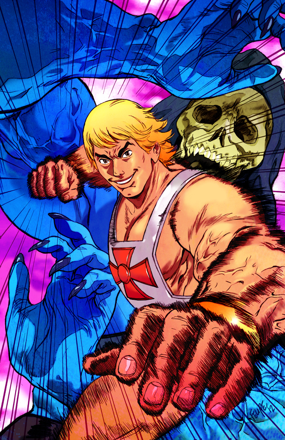 10s 2012 black_eyes blonde_hair blue_skin colored_skin fantasy felipe_smith fingernails he-man hood long_fingernails looking_at_viewer manly masters_of_the_universe muscular nail_(hardware) punching scared signature skeletor skull skull_head tan