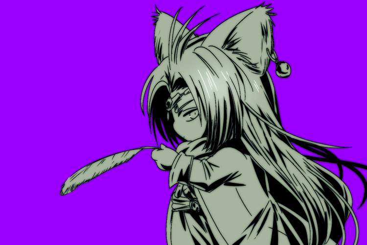 1boy androgynous animal_ears circlet closed_mouth commentary_request dragon_quest dragon_quest_x earrings feathers floating_hair foster_(dq10) greyscale_with_colored_background holding holding_feather jewelry long_hair looking_at_viewer looking_to_the_side male_focus ozogori_(user_tzaz2447) profile puklipo purple_background robe solo very_long_hair