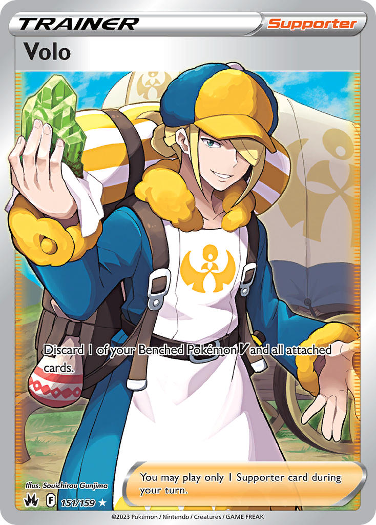 1boy artist_name backpack bag belt blonde_hair blue_eyes blue_sky brown_bag brown_belt card_(medium) character_name cloud company_name copyright_name copyright_notice crystal day english_text grass gunjima_souichirou hair_over_one_eye hat holding holding_crystal long_sleeves male_focus nintendo official_art outdoors pokemon pokemon_card pokemon_legends:_arceus pokemon_tcg sky smile solo third-party_source trading_card volo_(pokemon)