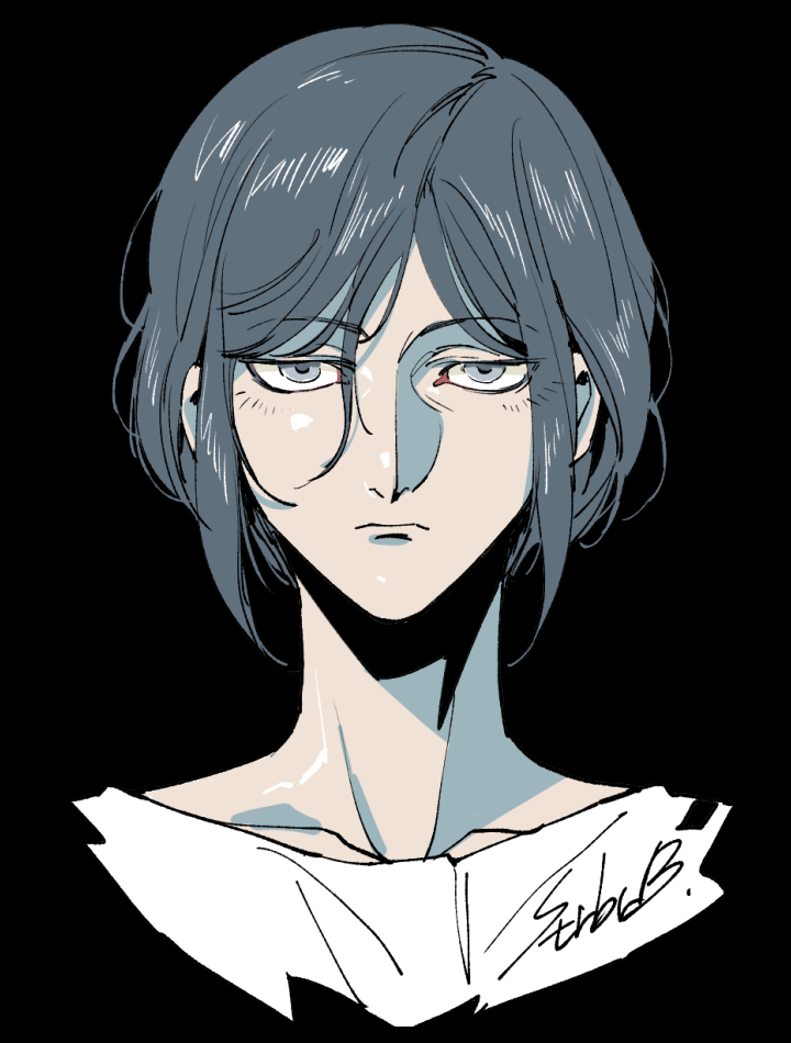 1girl black_background closed_mouth commentary_request expressionless hair_between_eyes ichigo_beeru kisaragi_ayumi korean_commentary looking_at_viewer portrait protected_link shirt short_hair signature simple_background solo spoilers toshi_densetsu_kaitai_center