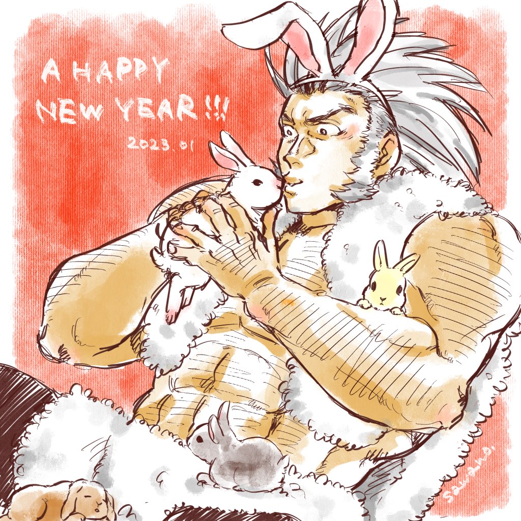 1boy abs animal animal_ears chest_hair chinese_zodiac fake_animal_ears grey_hair hairy holding holding_animal hunter_x_hunter long_hair long_sideburns male_focus muscular muscular_male navel_hair pectoral_cleavage pectorals rabbit rabbit_ears sawa_nwa_no sideburns solo stomach two-tone_background uvogin year_of_the_rabbit